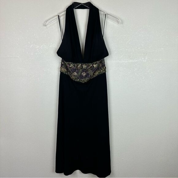 MaxMara Dresses & Skirts - MaxMara Black Beaded Halter Little Black Dress Midi Swing Size 38
